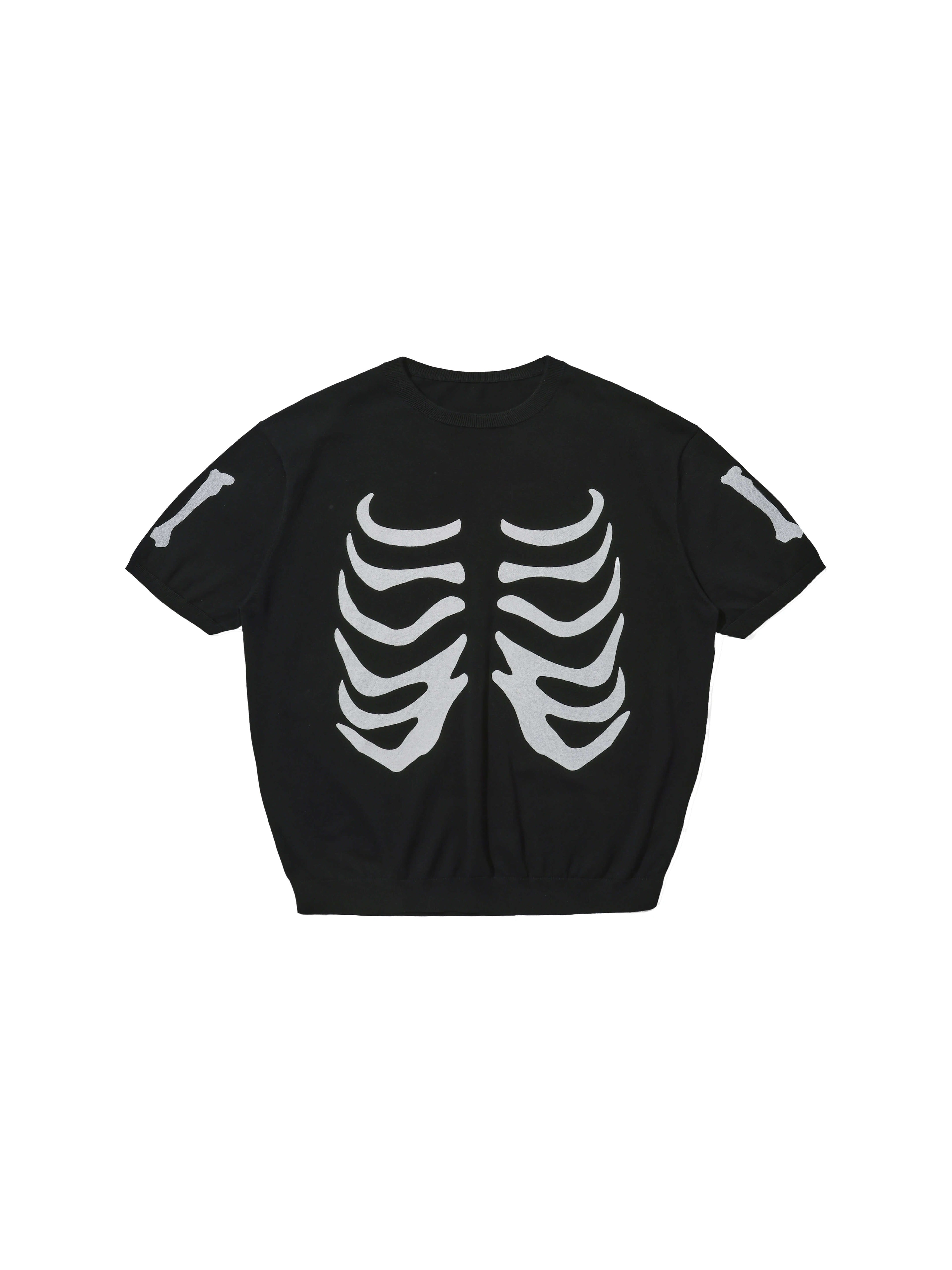 LIBERAFIT Skeleton Print Knit Ribbed Trim Short Sleeve Tee