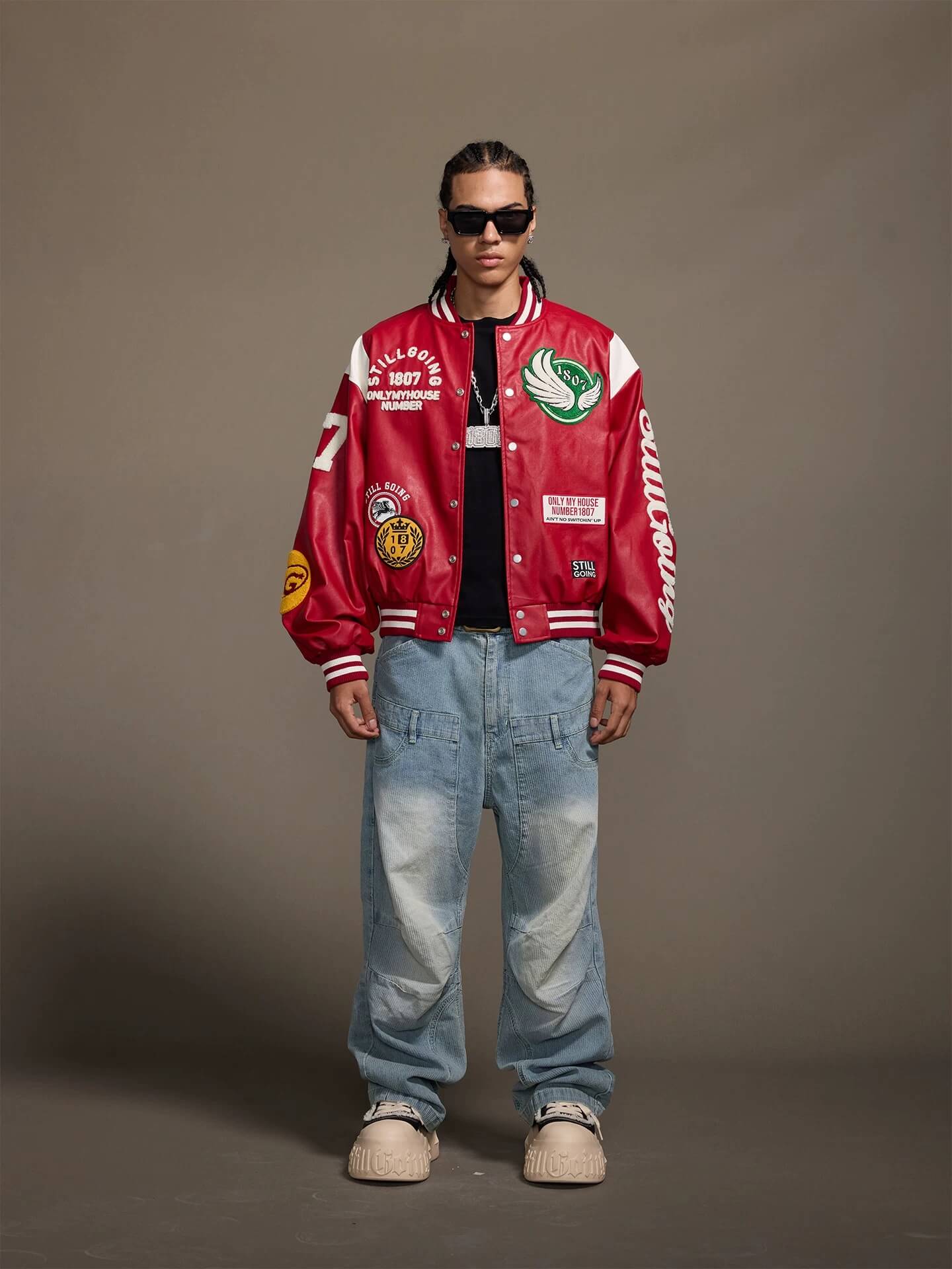 1807 PU Leather Patchwork Varsity Jacket