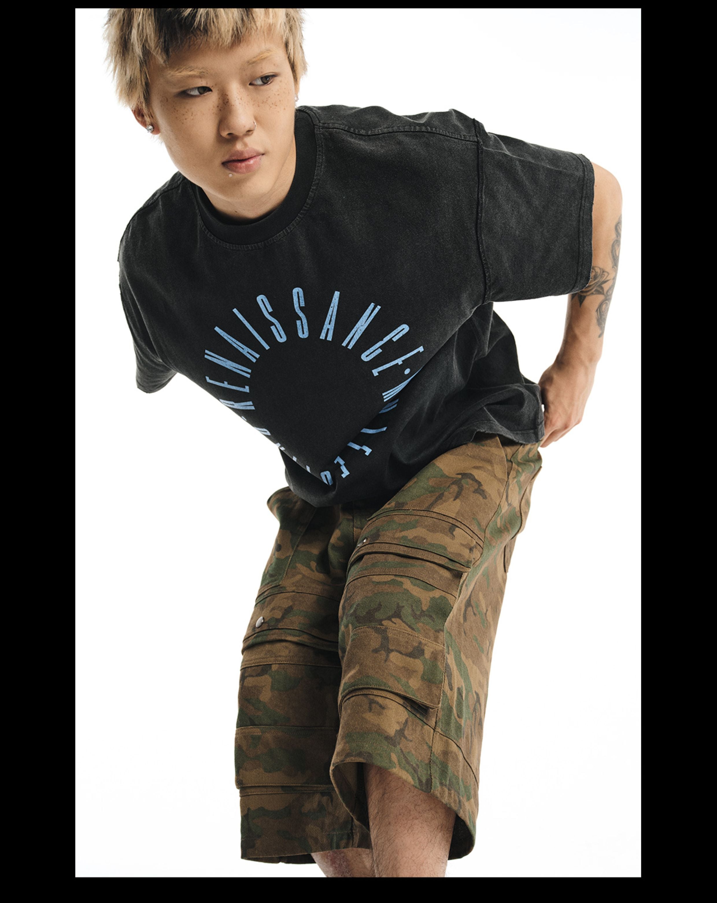 NOVACAM Circle Letter Vintage Washed Black Stitch Tee