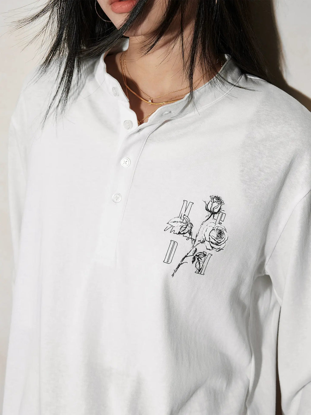 MEDM Rose Print Henley Long Sleeve Tee