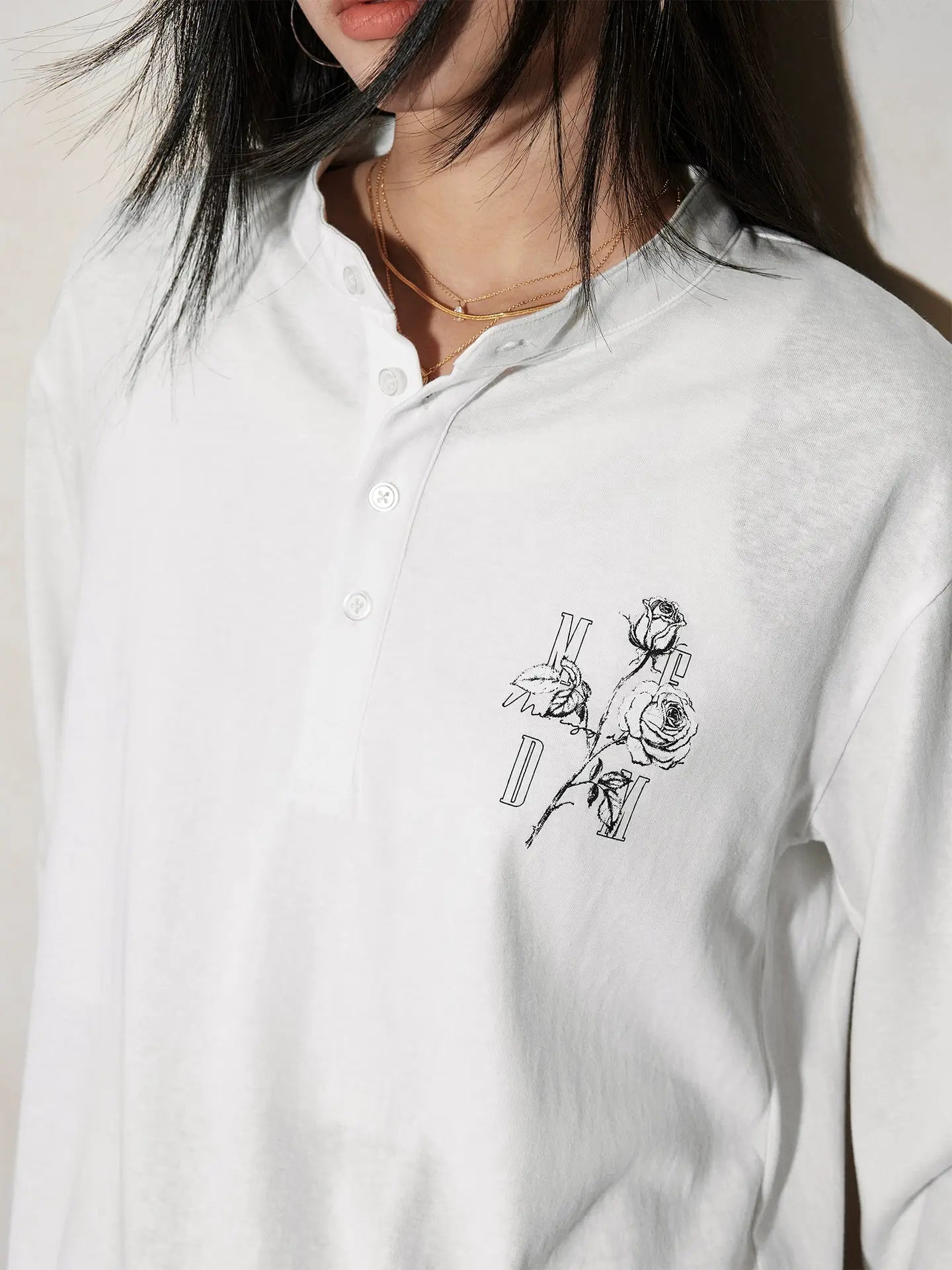 MEDM Rose Print Henley Long Sleeve Tee