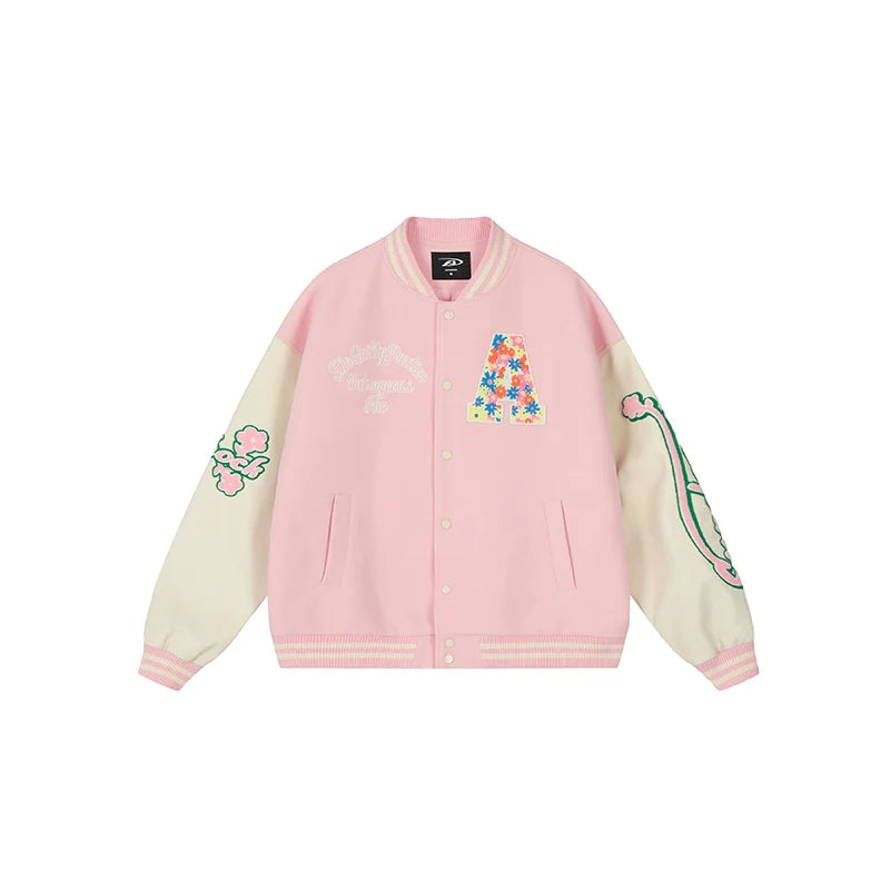 Achock Colorful Flower Logo Embroidery Varsity Jacket