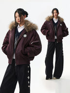 MEDM Silicone Logo Patch Fur Hooded Bomber Jacket
