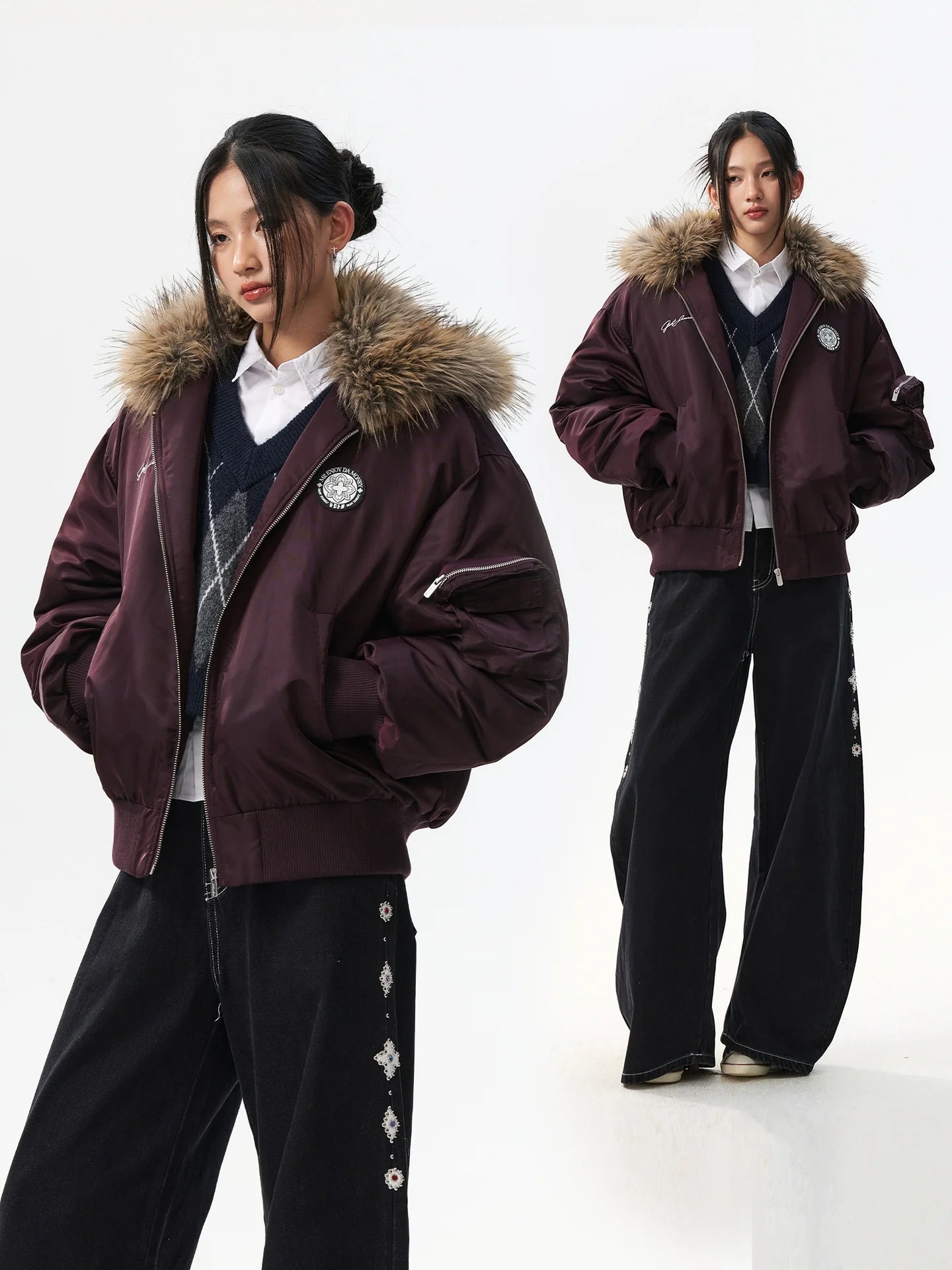 MEDM Silicone Logo Patch Fur Hooded Bomber Jacket