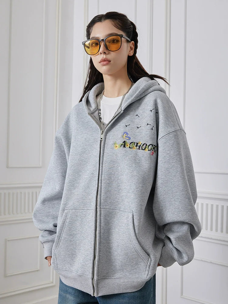 Achock Floral Embroidery Zipper Hoodie