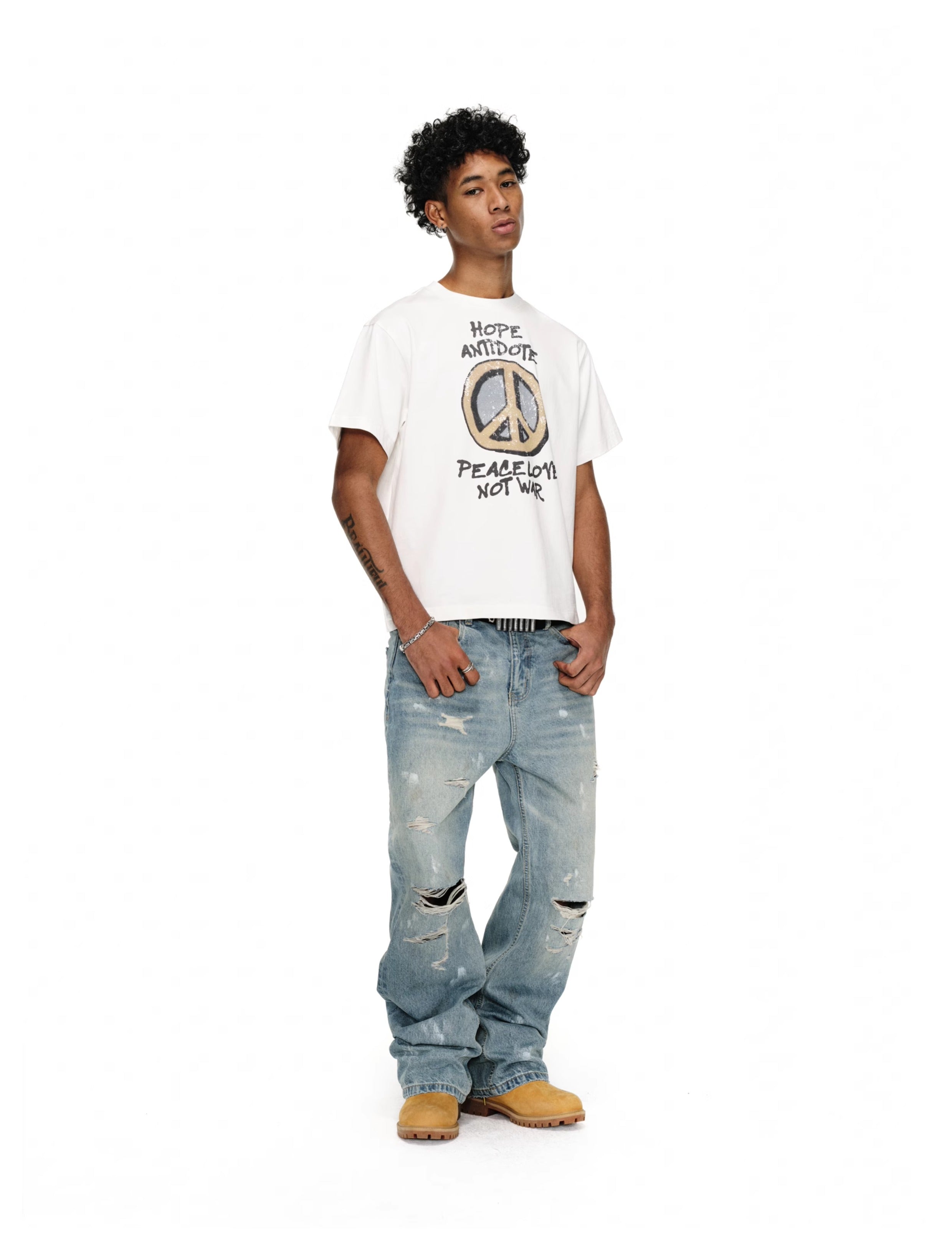 ANTIDOTE Washed Ripped Holes Light Blue Flared Jeans