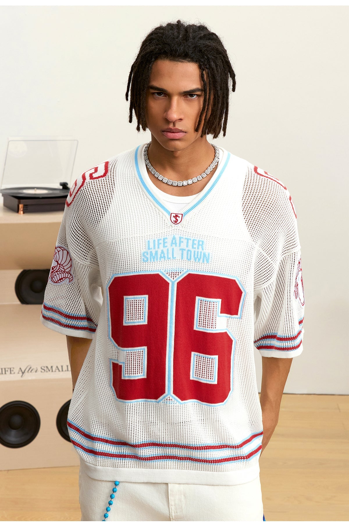 Small Town Kid Mesh Knit V Neck Rugby Jersey