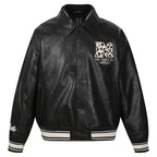 MEDM Leopard Patch Pearl PU Leather Varsity Jacket