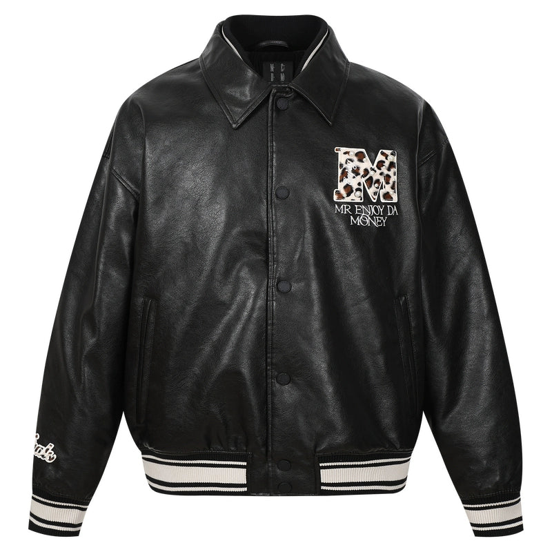 MEDM Leopard Patch Pearl PU Leather Varsity Jacket