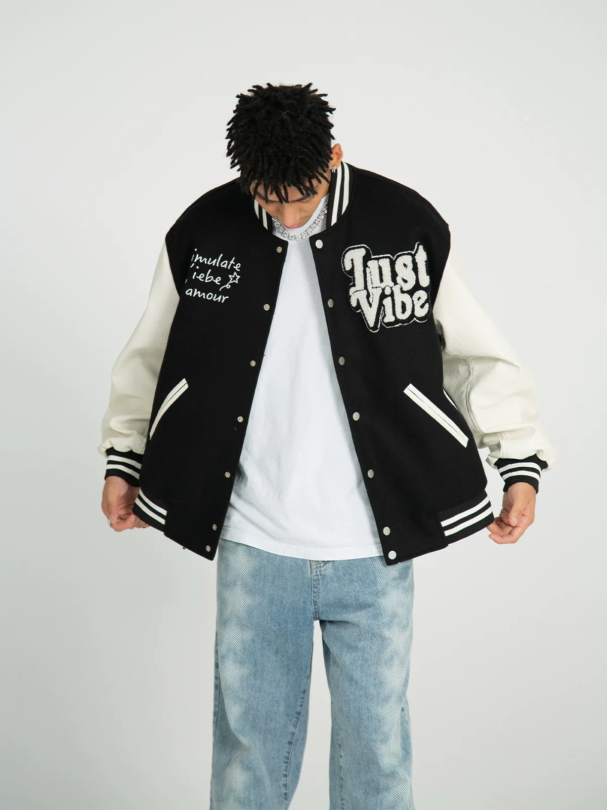 JUST VIBE Terry Embroidered Bone Logo Varsity Jacket