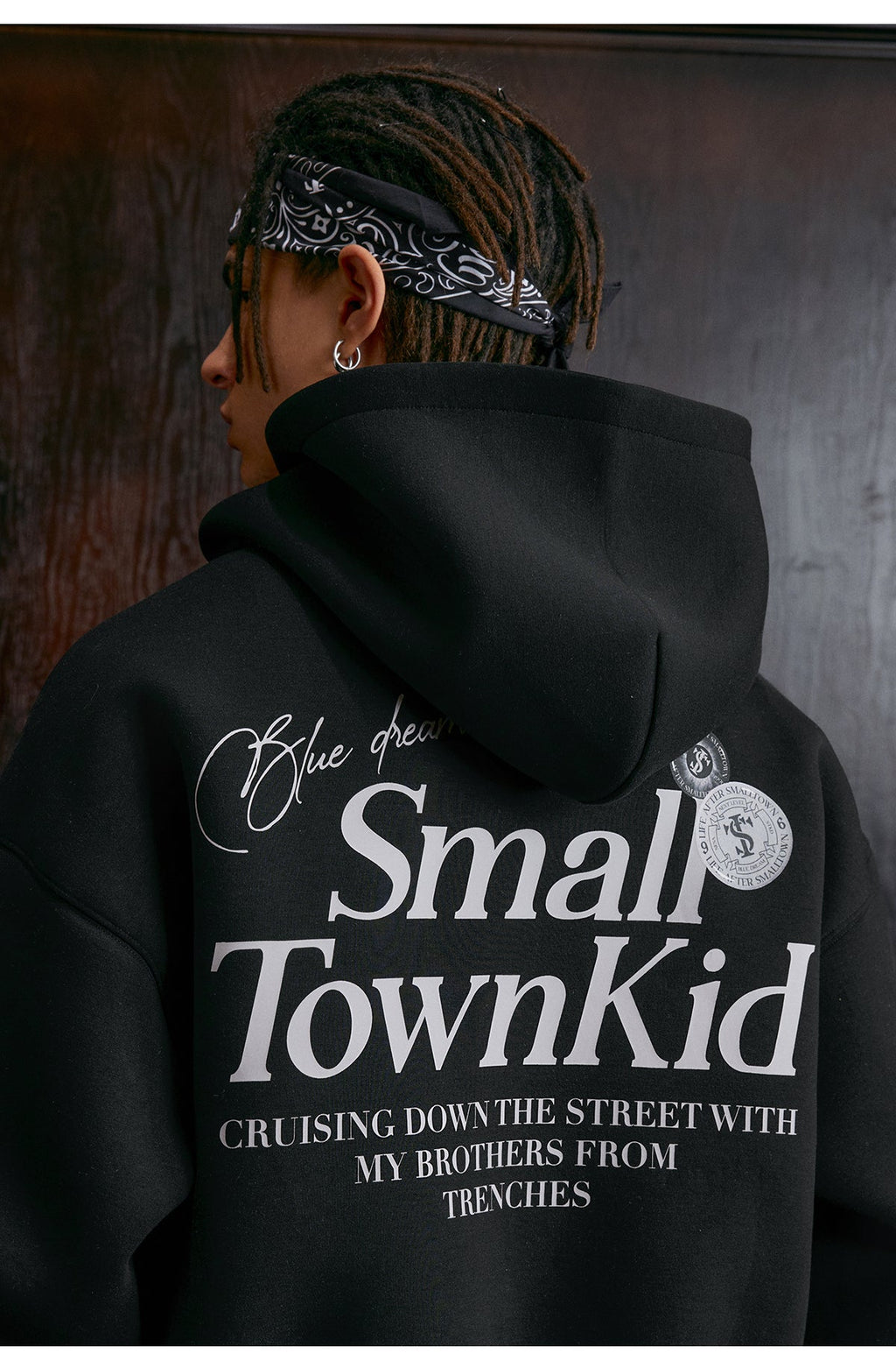Small Town Kid Badge Logo Print Zip Up Hoodie