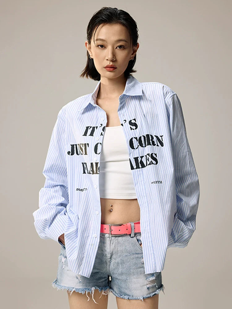 Remedy Letter Print Striped Long Sleeve Shirt
