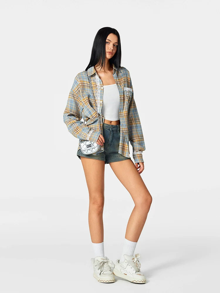 Achock Plaid Lace Long Sleeved Shirt