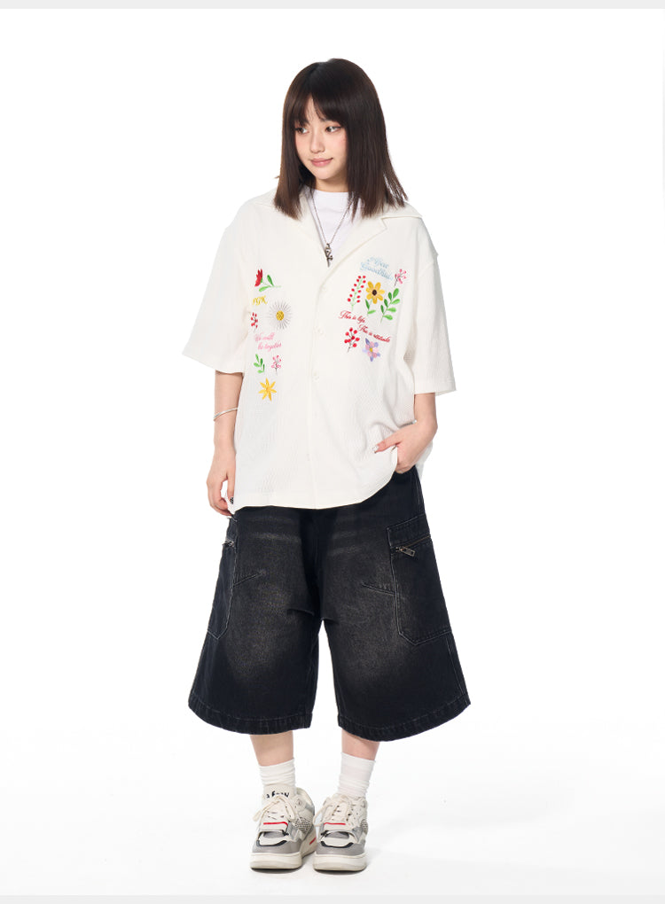 AFGK Floral Embroidered Waffle Short Sleeve Shirt