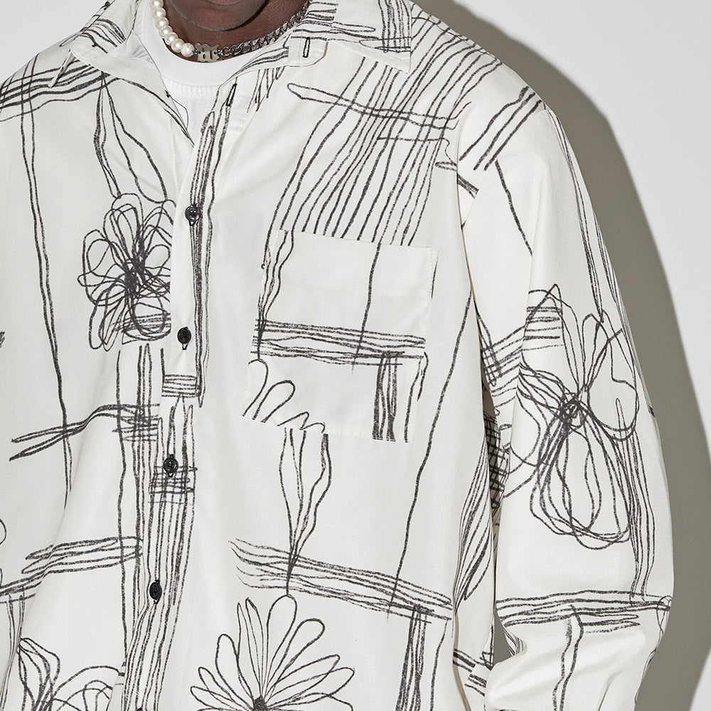 EMPTY REFERENCE Sketch Plaid Floral Print Long Sleeved Shirt