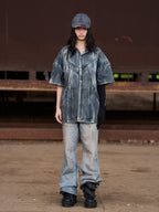 BLIND NO PLAN Washed & Distressed Denim Short Sleeve Shirt