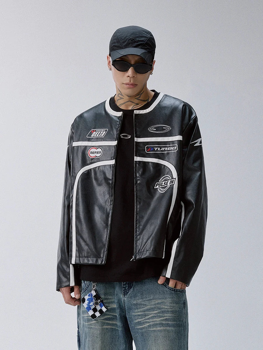 F2CE Striped Panel PU Leather Racing Jacket