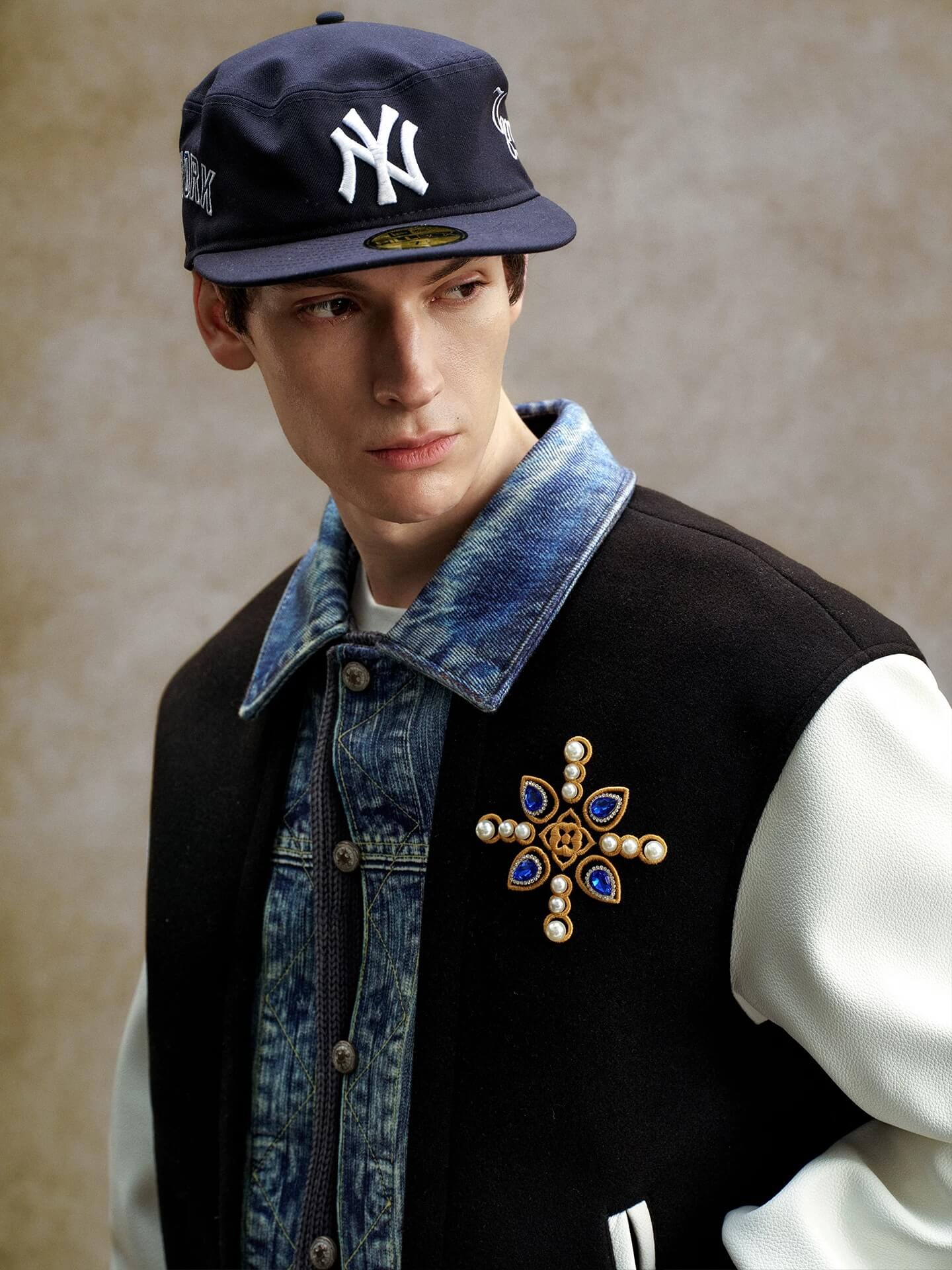 YADcrew Pearl Studded Digital Denim Varsity Jacket