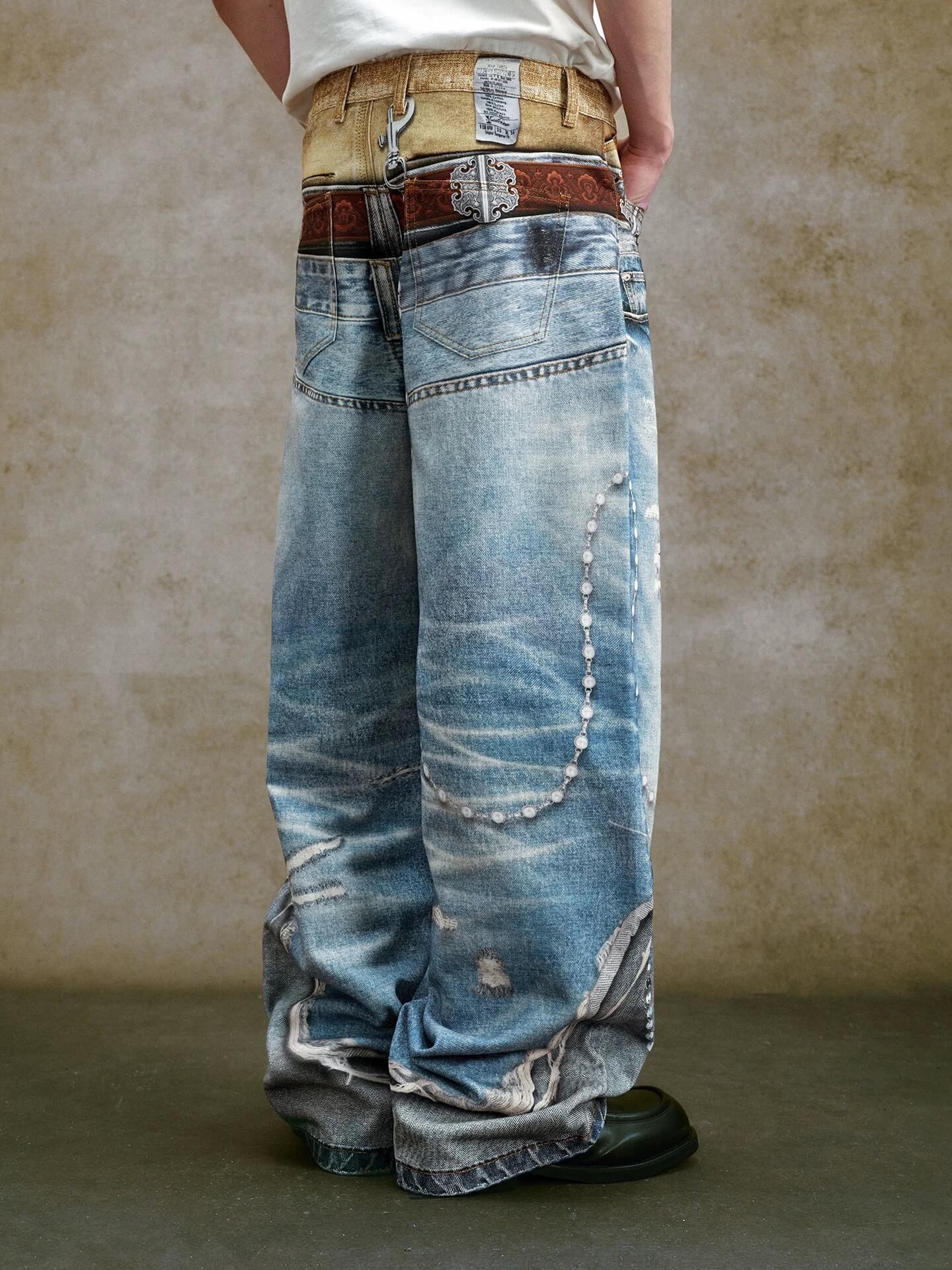 YADcrew Double Waist 3D Digital Print Jeans