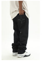 Cashrules Embroidered Loose Black Denim Pants