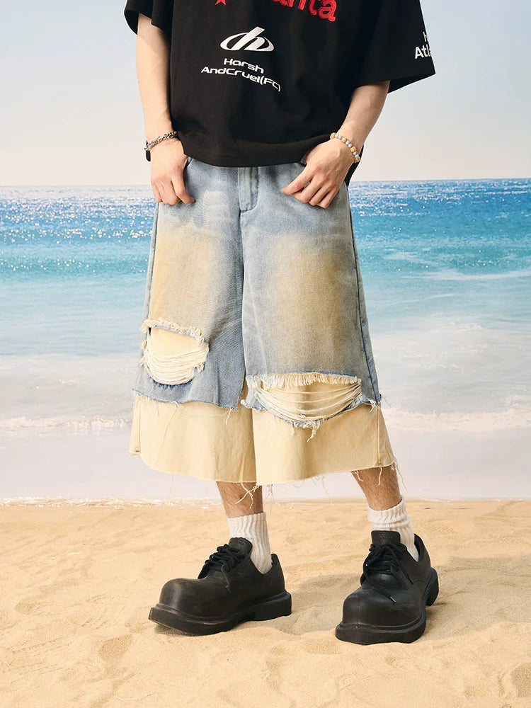 Harsh and Cruel Distressed Wash Layered Denim Shorts