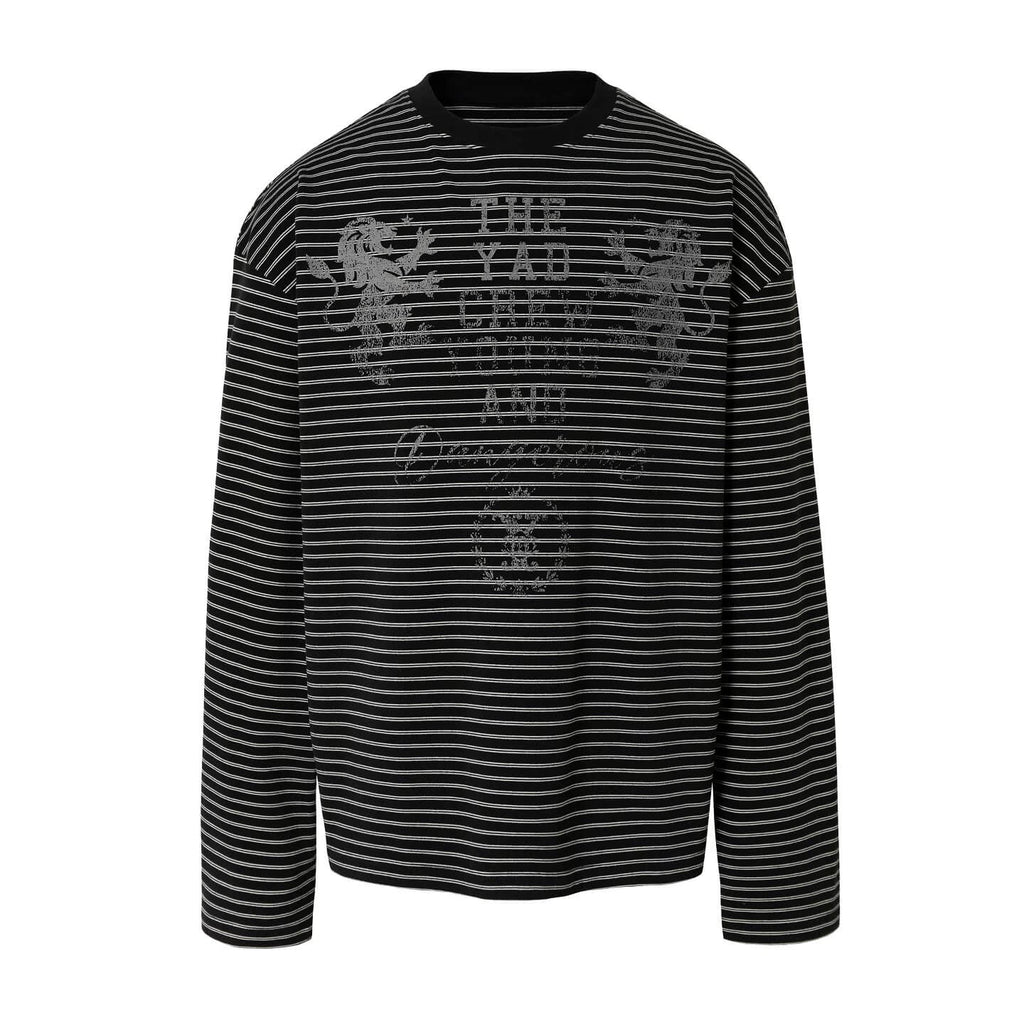 YADcrew Vintage Lion Print Striped Long Sleeve Tee