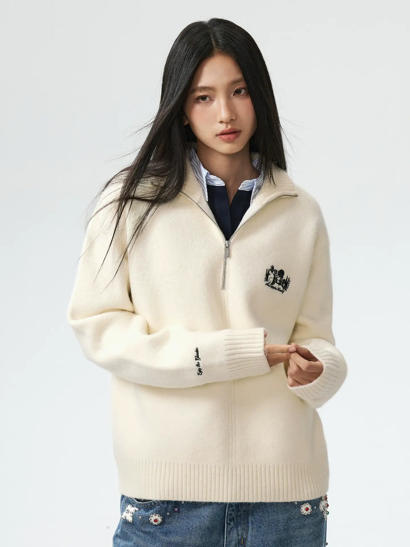 MEDM Rose Embroidered Half Zip Knit Sweater