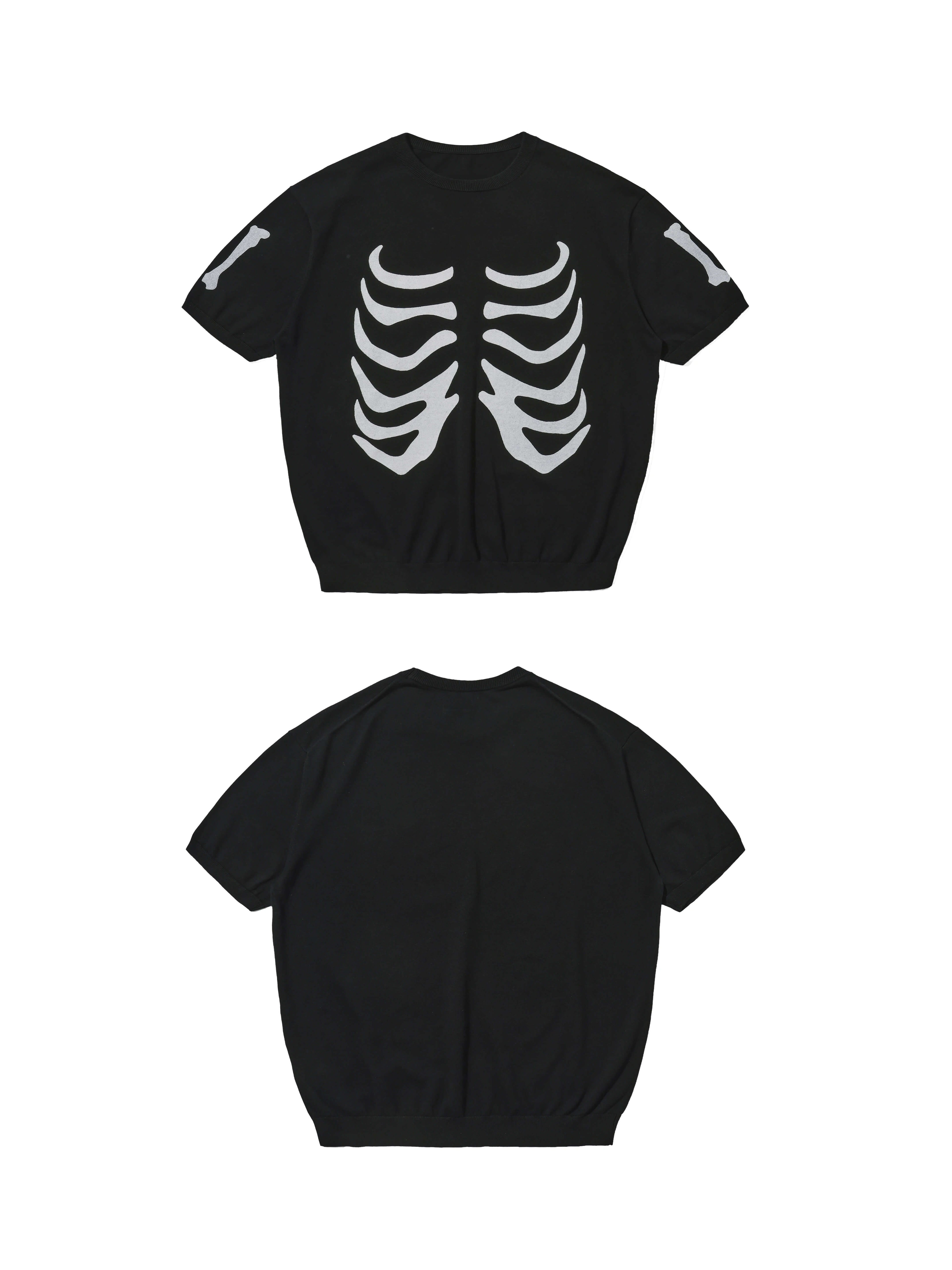 LIBERAFIT Skeleton Print Knit Ribbed Trim Short Sleeve Tee