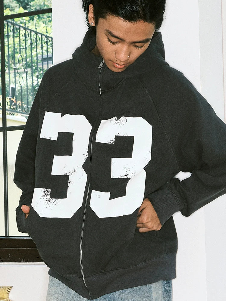 JUST VIBE Number 33 Vintage Print Zip Up Hoodie