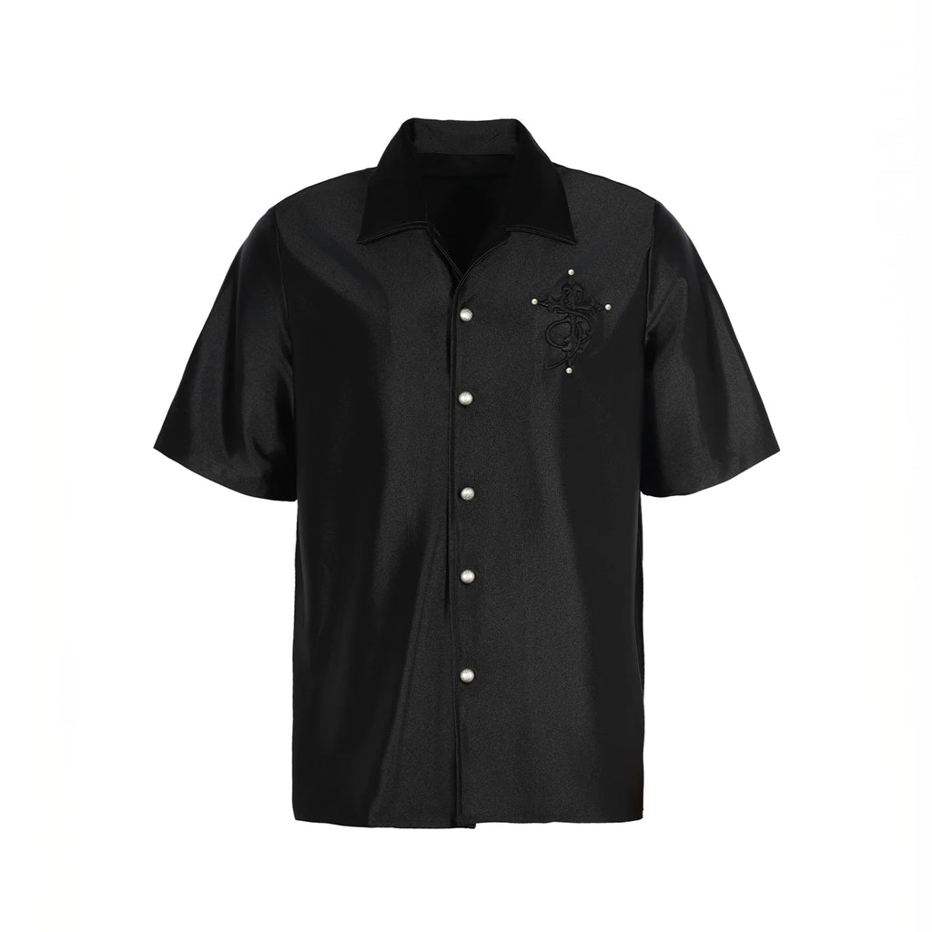 Small Town Kid 3D Cross Embroidered Satin Cuban Shirt Set
