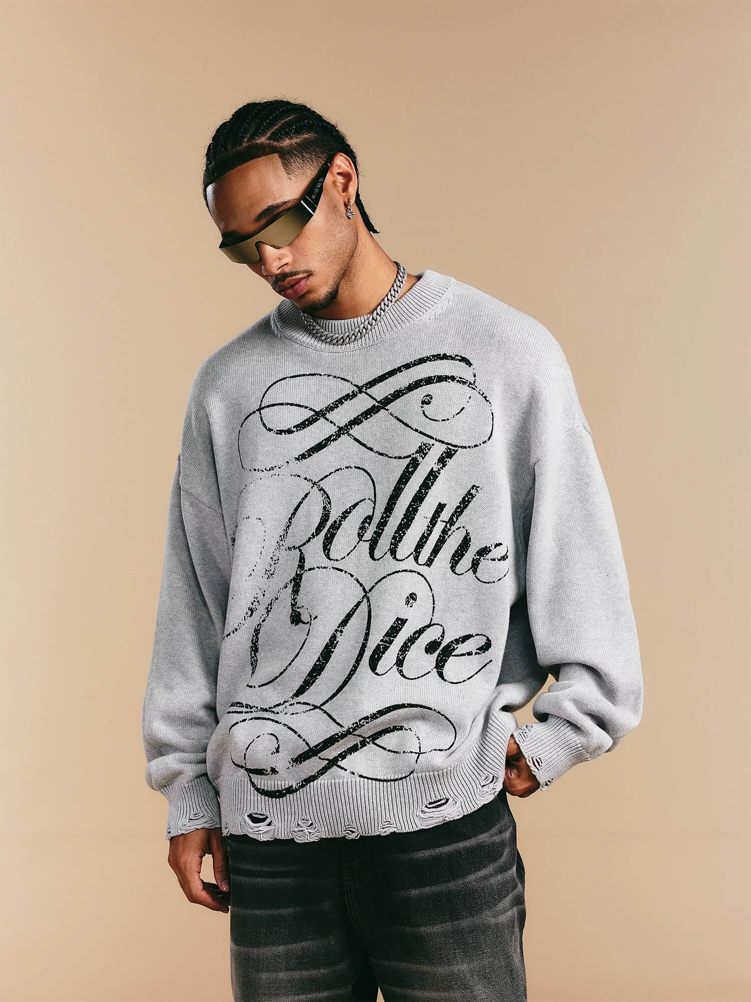 1807 ROLLTHEDICE Vintage Printed Distressed Knit Sweater