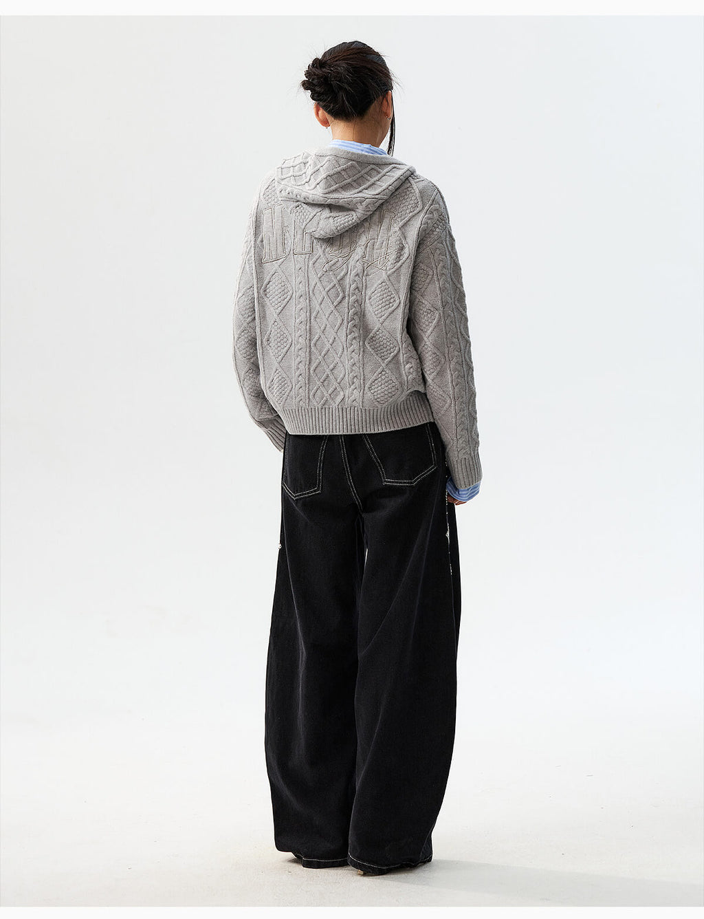 MEDM Hooded Cable Knit Zip Up Cardigan