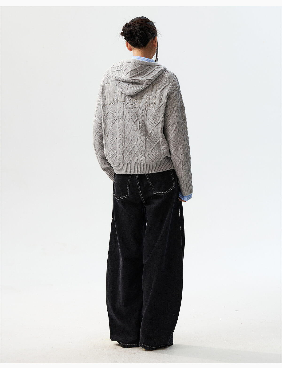 MEDM Hooded Cable Knit Zip Up Cardigan