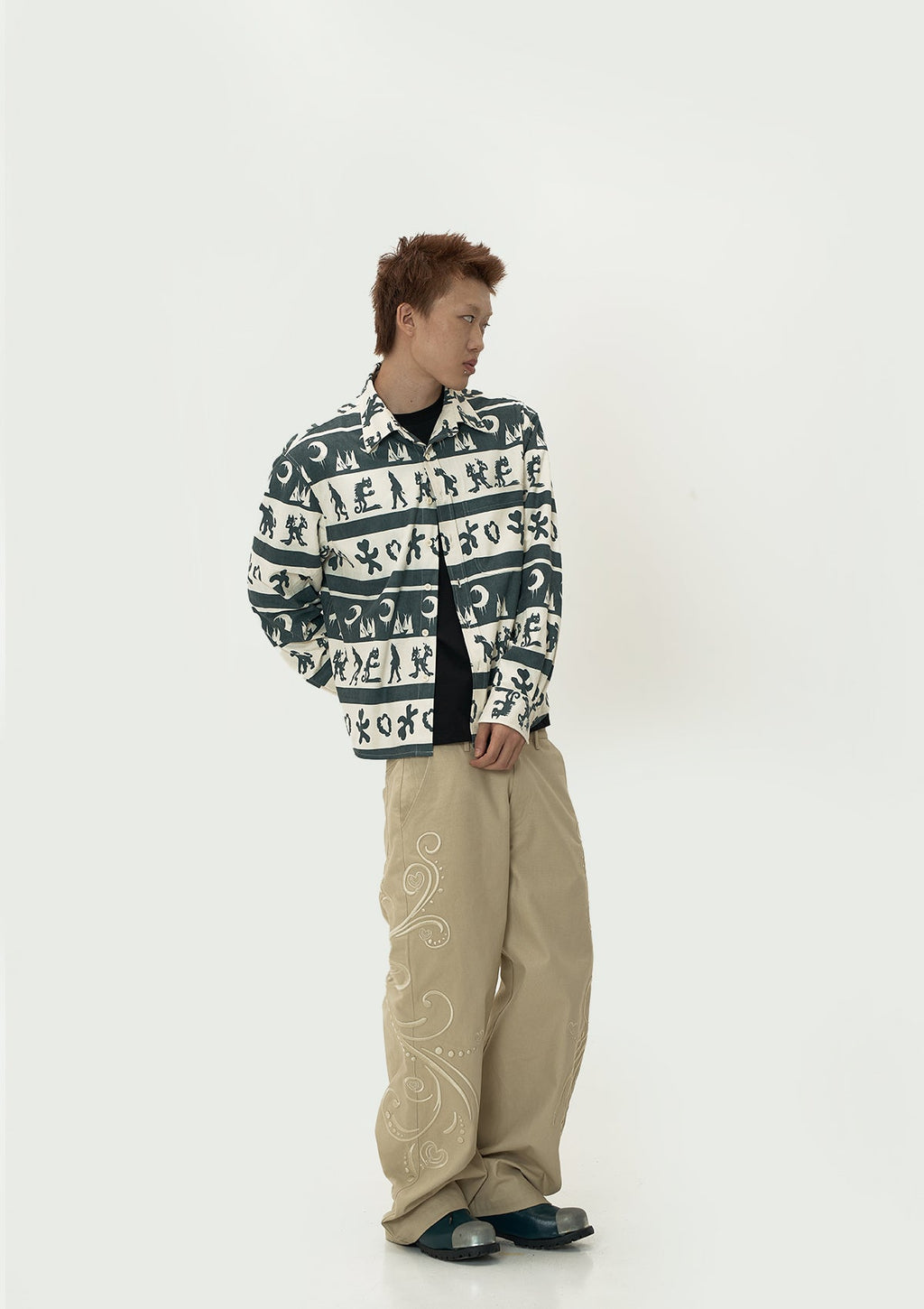 EVILKNIGHT(EK) Ethnic Print Striped Long Sleeve Shirt