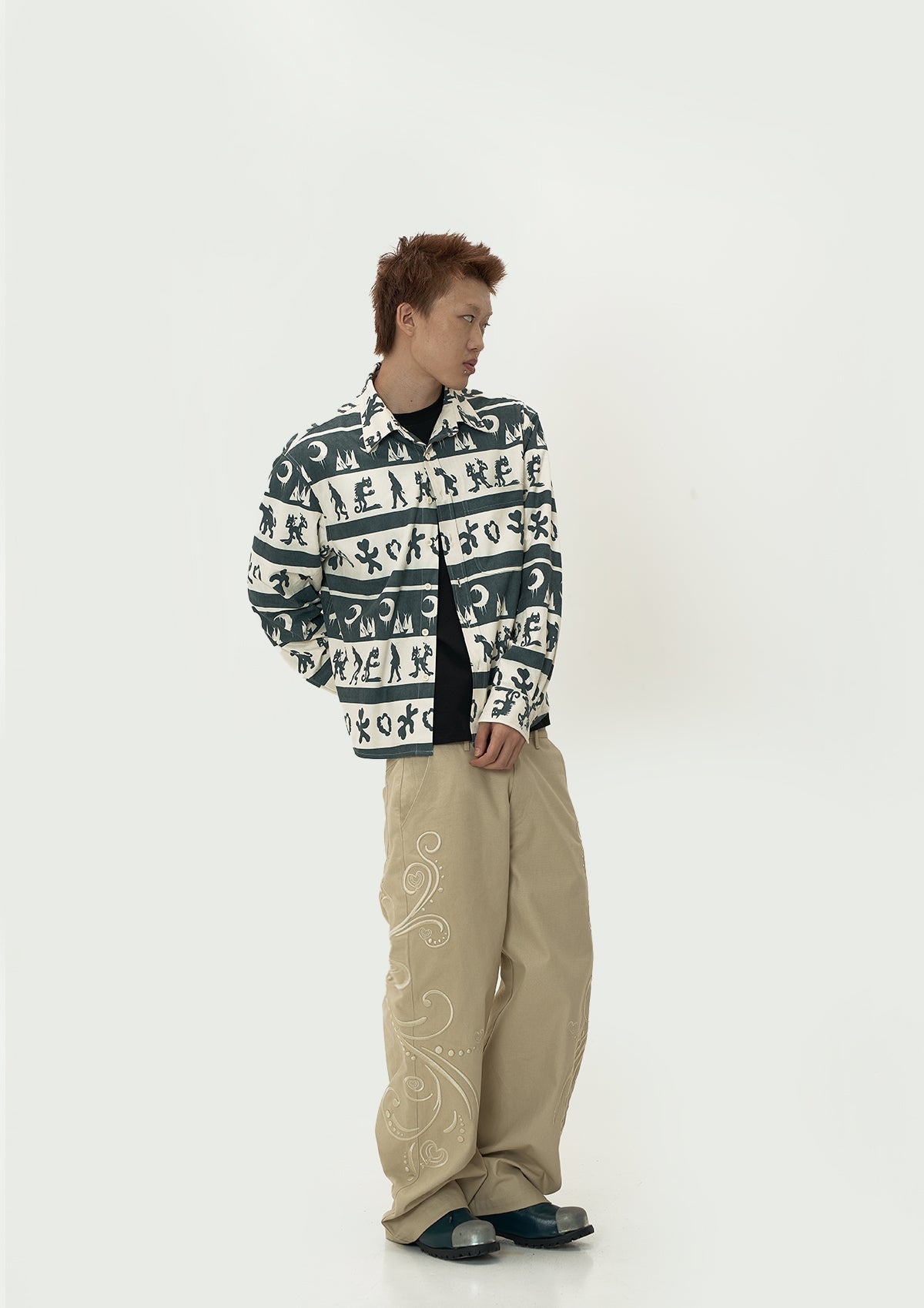 EVILKNIGHT(EK) Ethnic Print Striped Long Sleeve Shirt