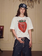 YADcrew Berry Bone Sweetheart Print Pearl and Rhinestone Tee