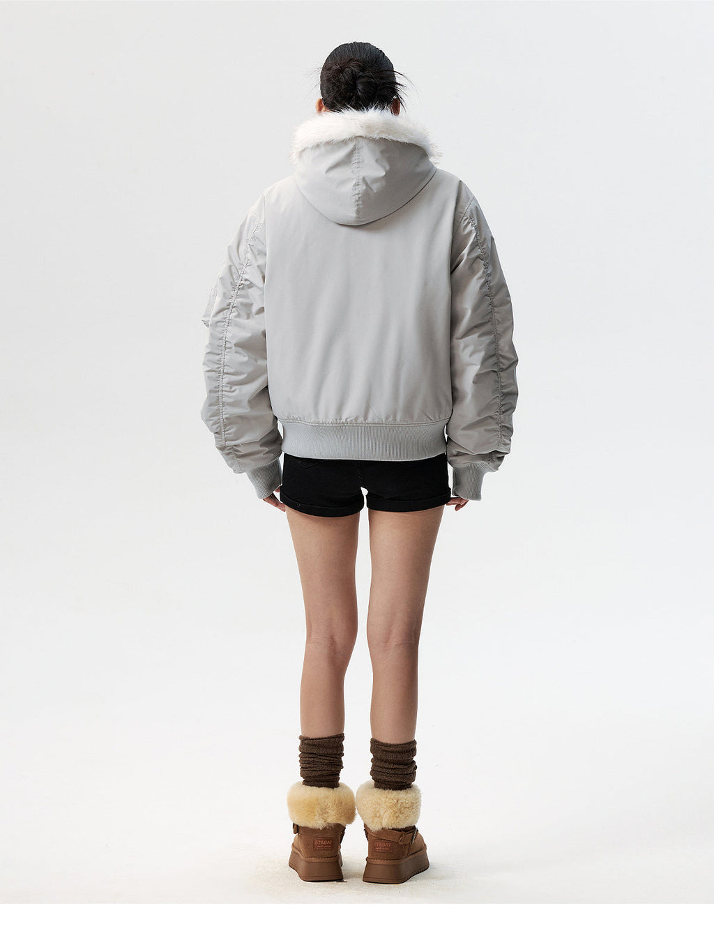 MEDM Animal Logo Patch Fur Hooded Bomber Jacket