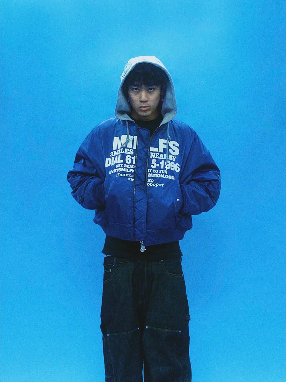 EVETS Blue MA-1 Hooded Bomber Jacket