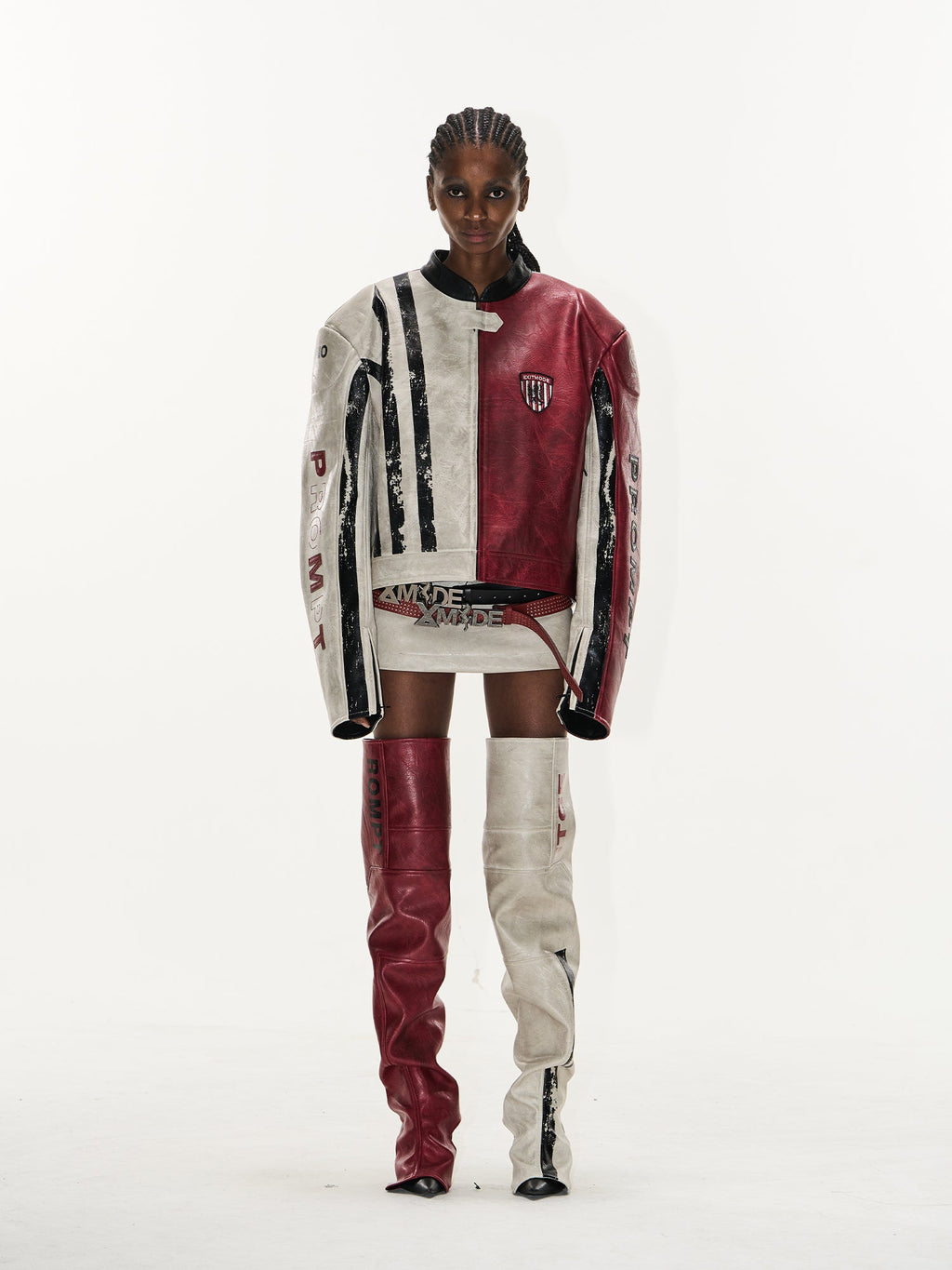 BLIND NO PLAN Distressed Leather Contrast Racing Jacket