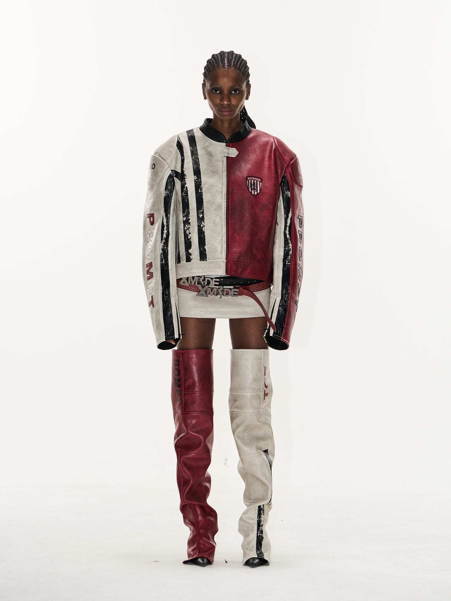 BLIND NO PLAN Distressed Leather Contrast Racing Jacket