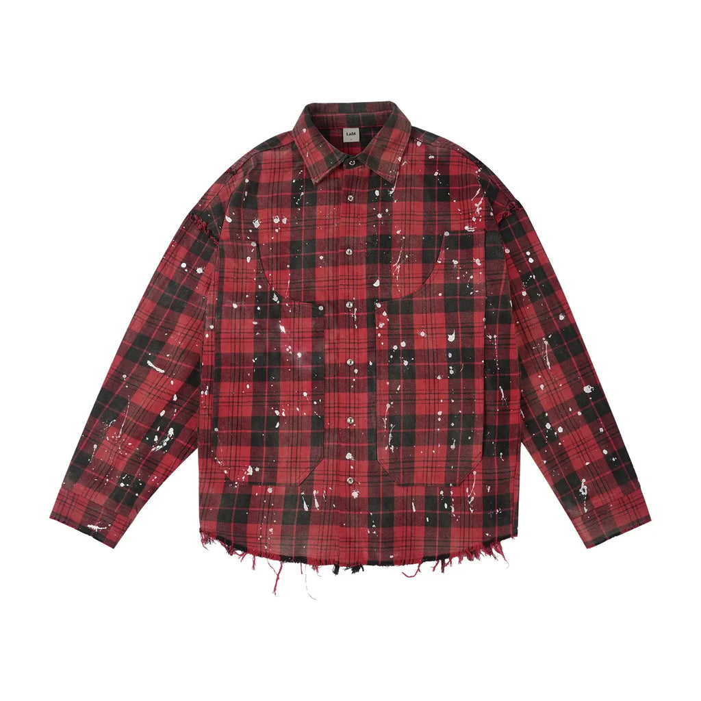Labt Splash Ink Plaid Frayed Flannel Long Sleeve Shirt