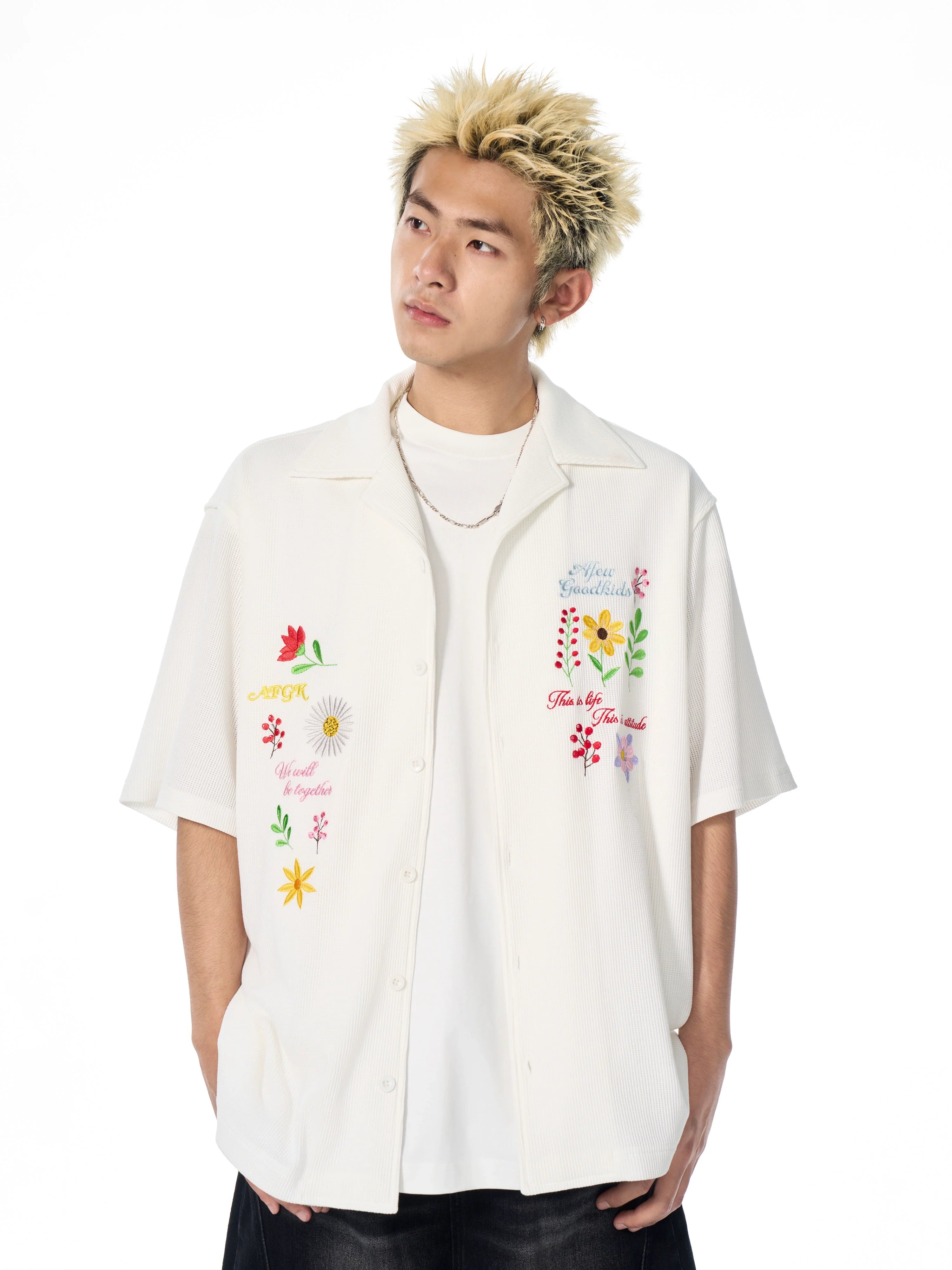 AFGK Floral Embroidered Waffle Short Sleeve Shirt