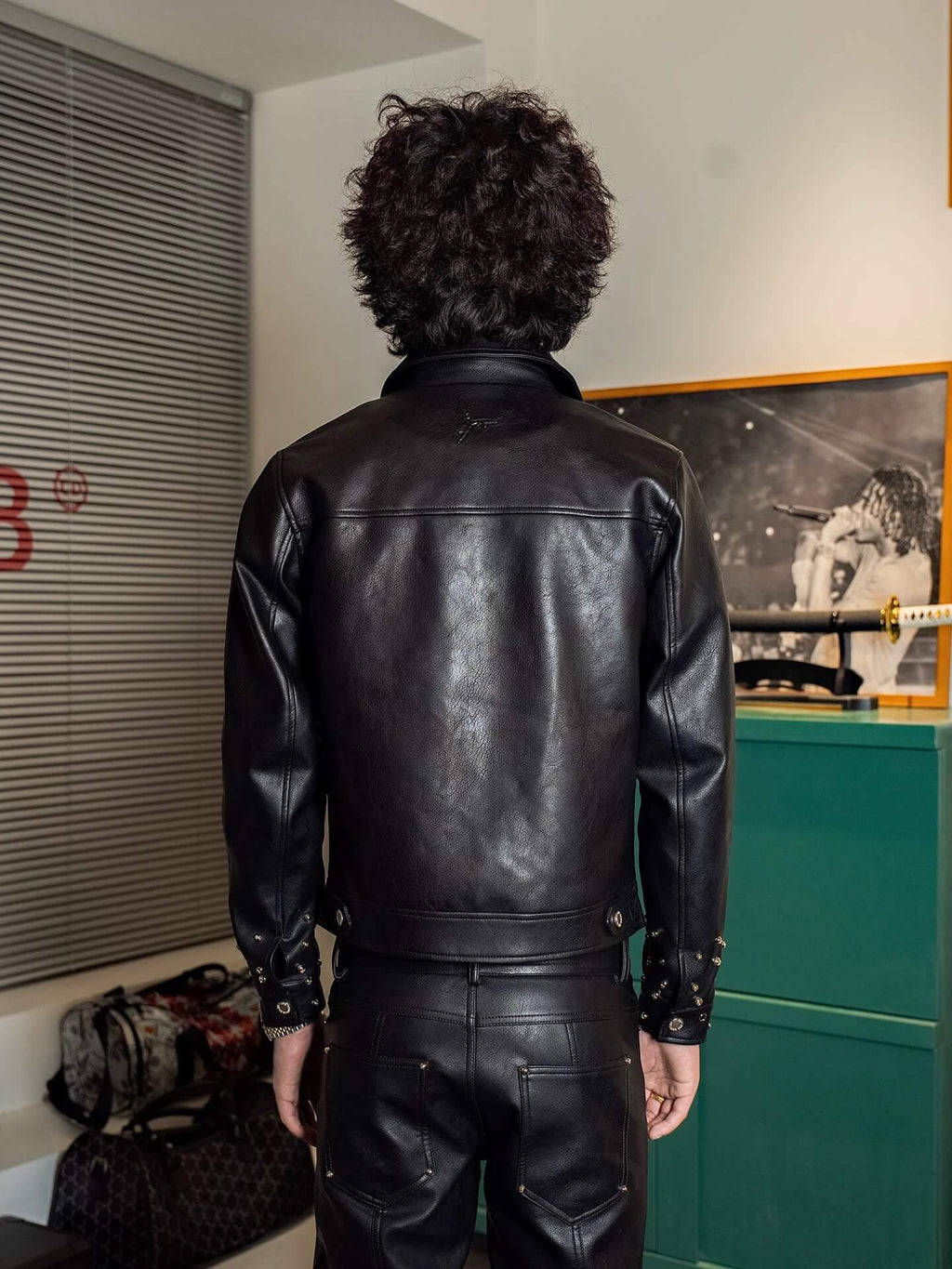 TGFCLUB Embossed Studded Slim Fit PU Leather Biker Jacket