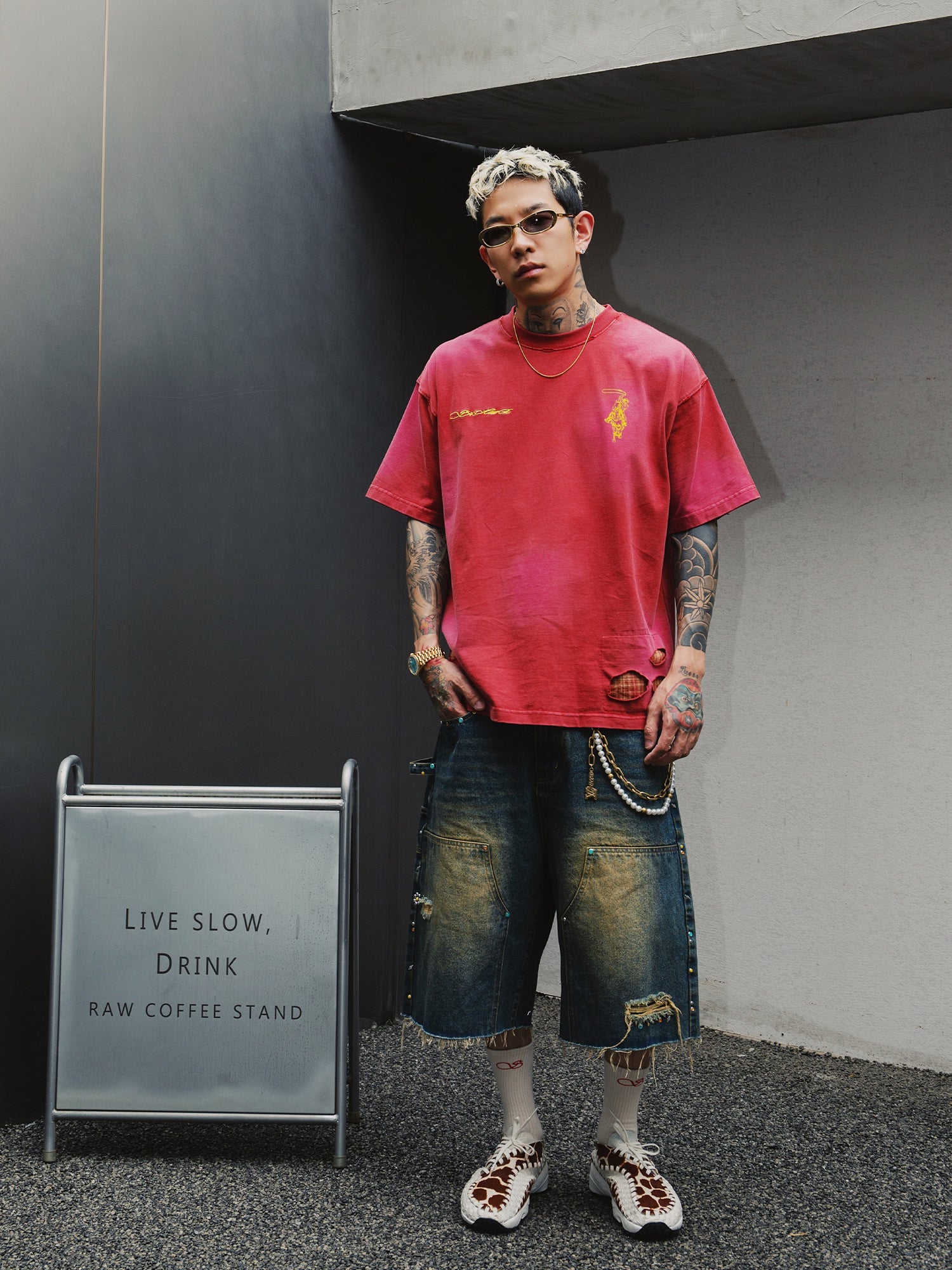 S45 Plaid Patchwork Washed Embroidered Logo Tee