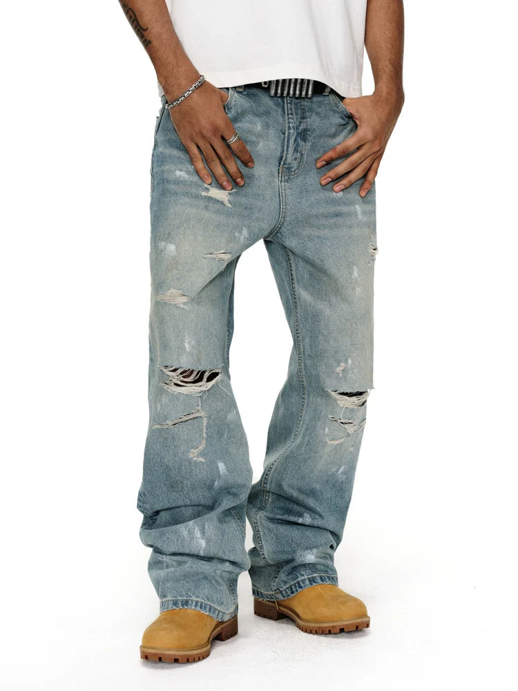 ANTIDOTE Washed Ripped Holes Light Blue Flared Jeans