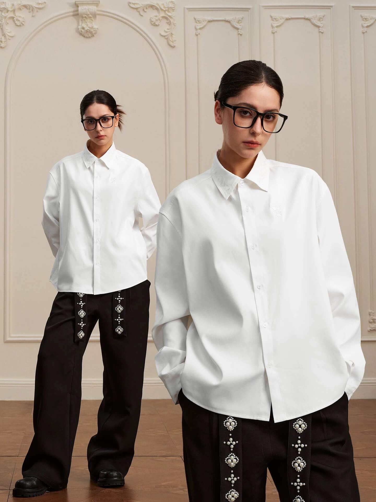 YADcrew Embroidered Lapel Button Up Long Sleeve Shirt