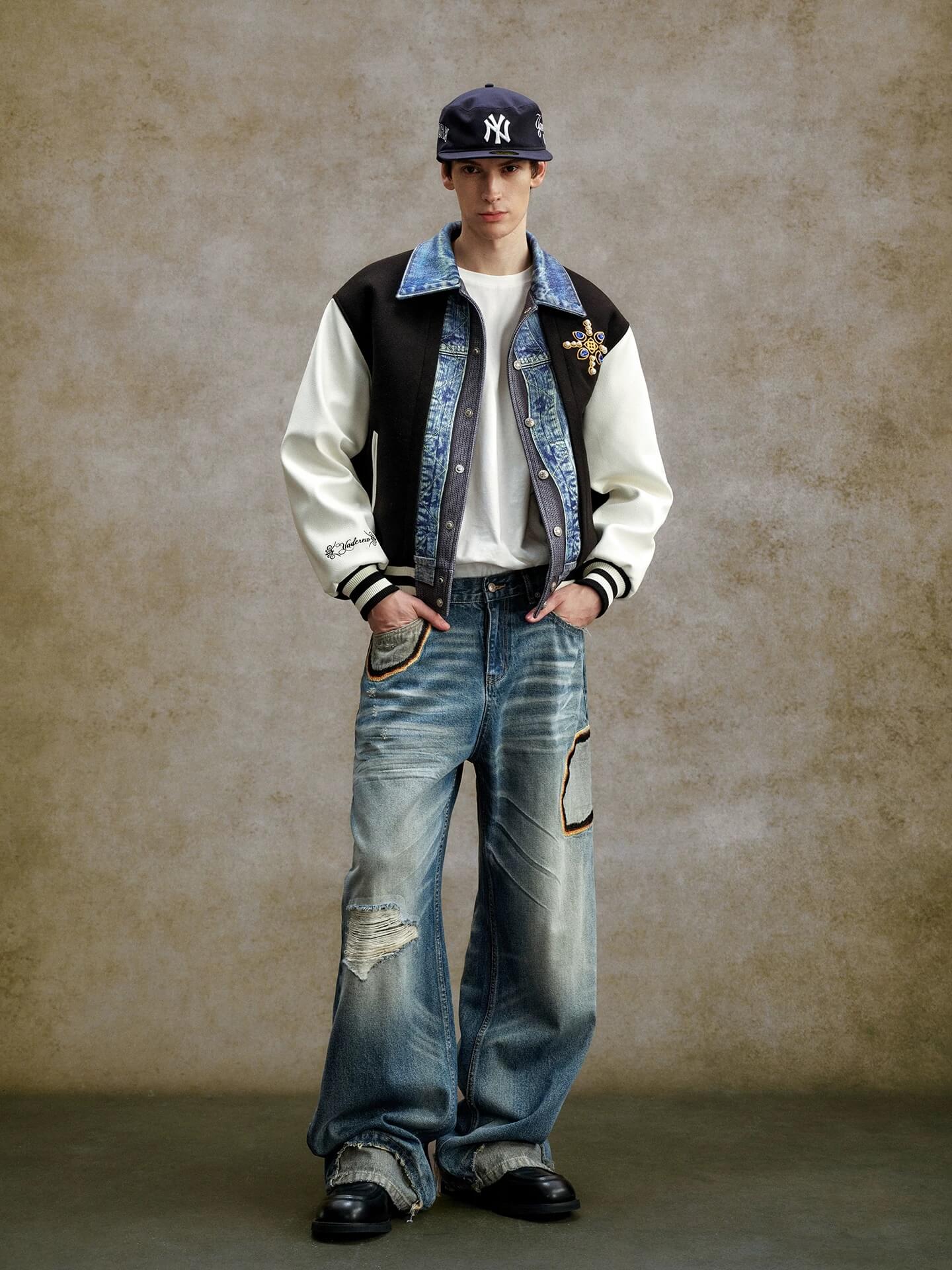 YADcrew Scorched Embroidery Washed Distressed Whisker Jeans