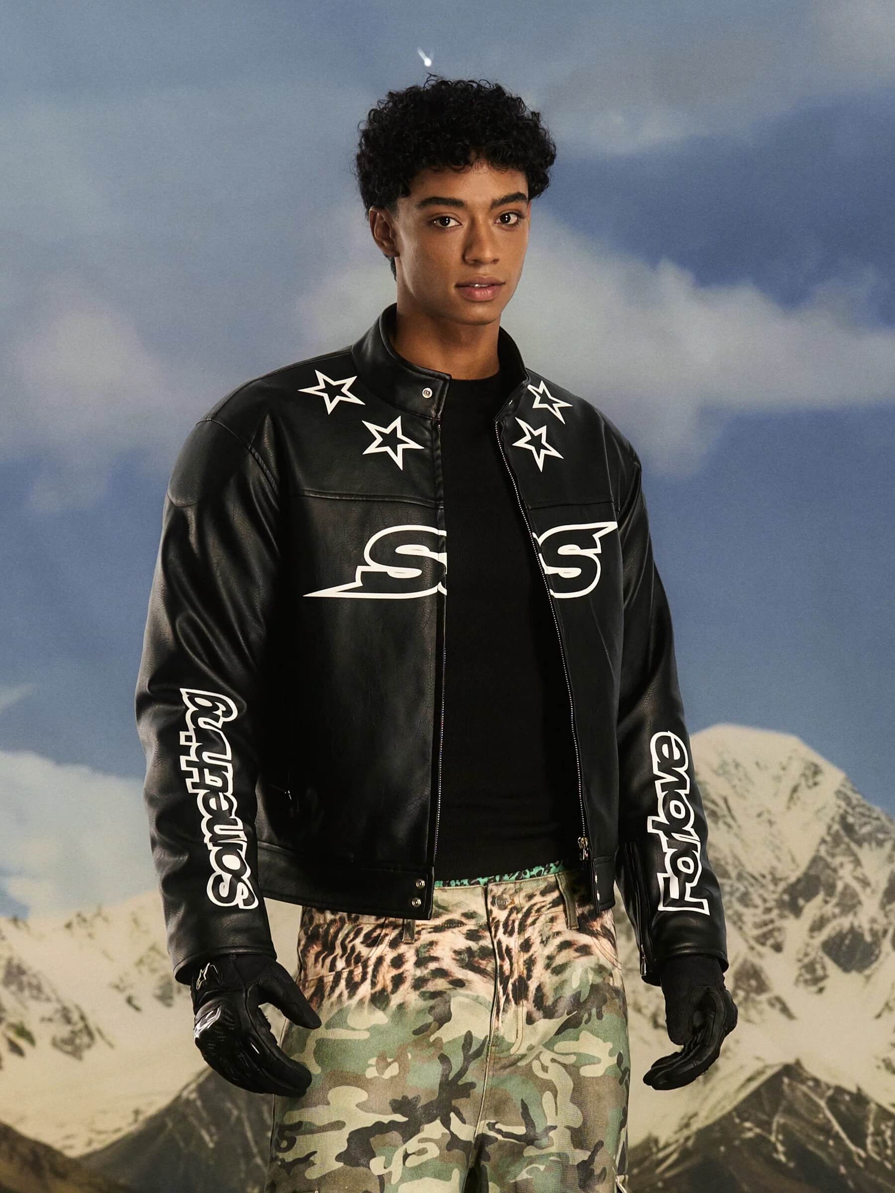 S45 Star Print PU Leather Leopard Lined Biker Jacket