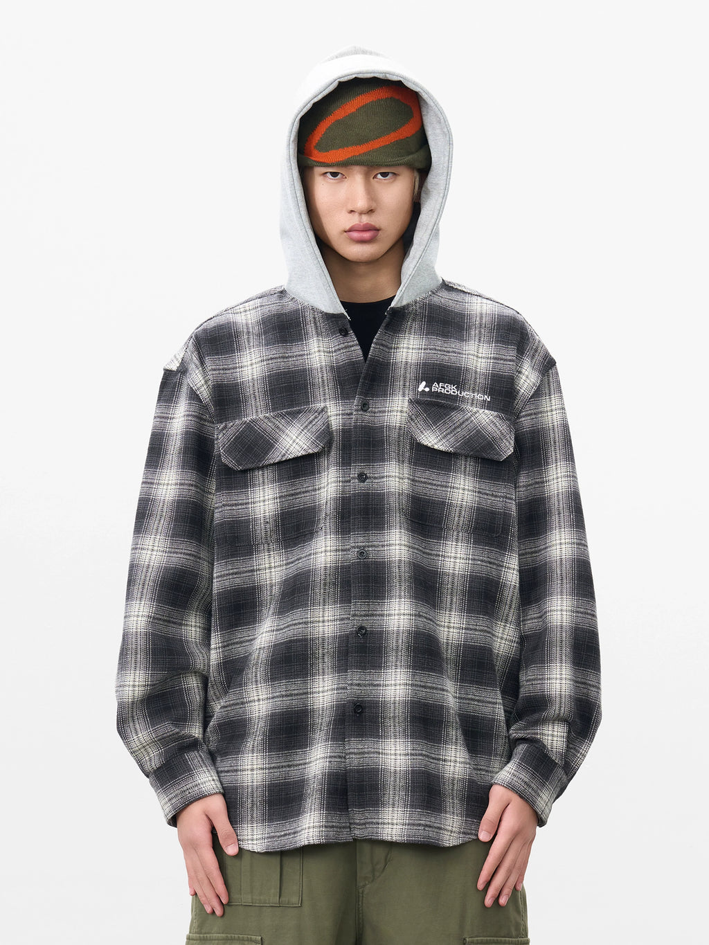 AFGK Plaid Embroidered Hooded Long Sleeve Shirt