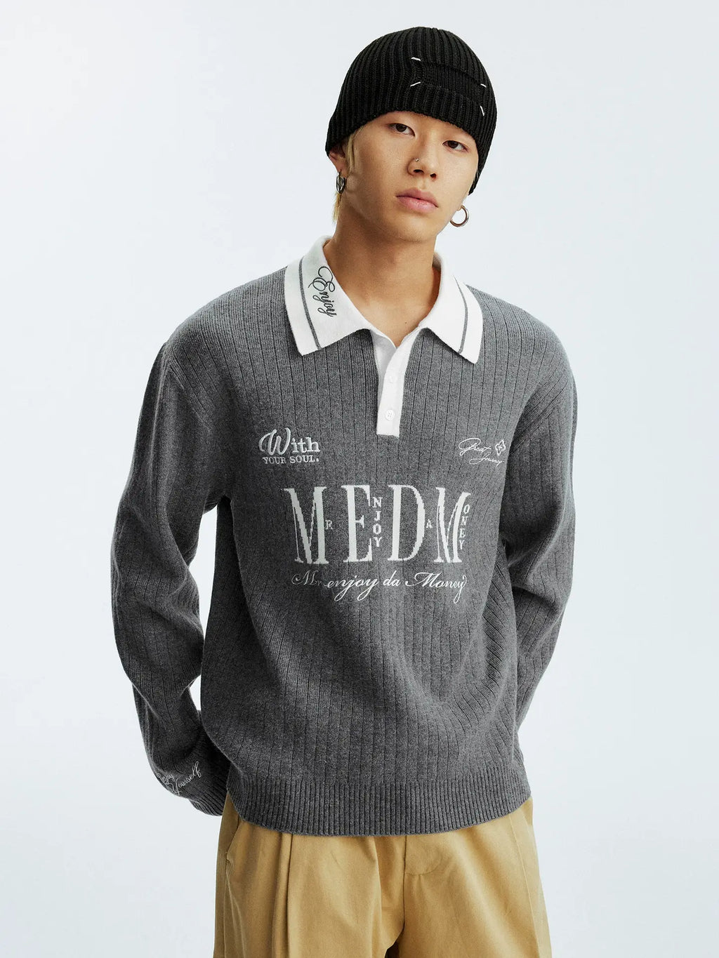 MEDM Color Blocked Long Sleeve Knit Polo Sweater